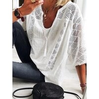 Женская блузка с вырезами, летняя блузка с рукавом три четверти, кружевная, 2021, Свободный Повседневный Однотонный пуловер, тонкие рубашки 1005002482270192