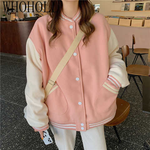 Женская розовая бейсбольная куртка, зимняя утепленная плюшевая куртка-бомбер в стиле Харадзюку, бейсбольная форма в стиле Ins, свободная куртка BF, 2022 1005002487260597