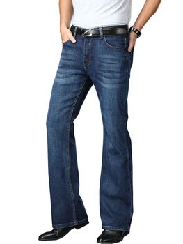 Джинсы-клеш мужские с вырезом, классические брюки-клеш из денима, Стрейчевые свободные расклешенные штанины с завышенной талией, темно-синие 1005002513130795
