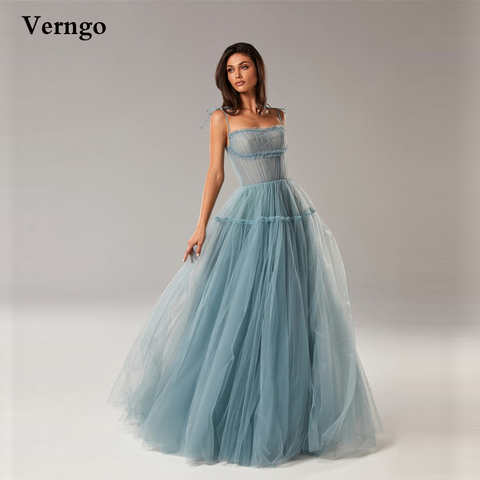 Простое ТРАПЕЦИЕВИДНОЕ пыльно-синее Тюлевое длинное платье Verngo для выпускного вечера на тонких бретельках без бретелек женское вечернее платье 2021 1005002525576741