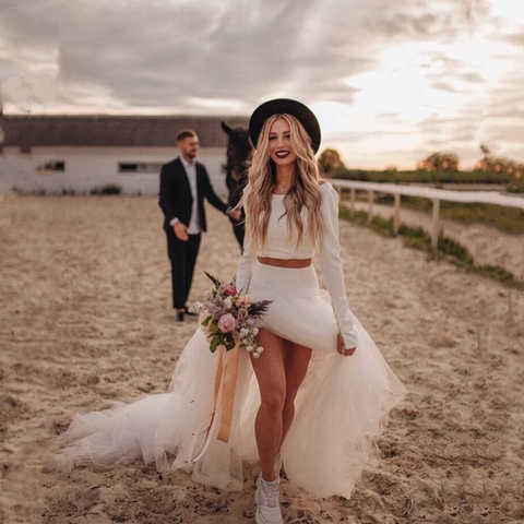 Свадебные платья-двойки в стиле кантри, простое Тюлевое свадебное платье русалки с длинным рукавом, винтажные пляжные платья для невесты 1005002526134240