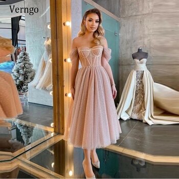 Вечерние платья Verngo в пыльный розовый горошек из тюля, корсет с открытыми плечами, короткое платье для выпускного вечера, длинное платье миди, официальная одежда 1005002540250844
