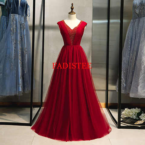 Женское вечернее платье с V-образным вырезом, Бордовое платье трапециевидной формы, расшитое бисером, до пола, элегантное платье для выпускного вечера 1005002584998966