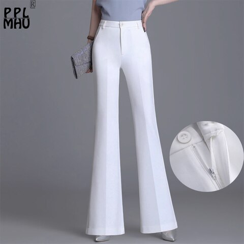 Классические облегающие белые расклешенные брюки для женщин, лето 2023, тонкие брюки с высокой талией, офисный женский костюм, брюки, дышащие 1005002592252804