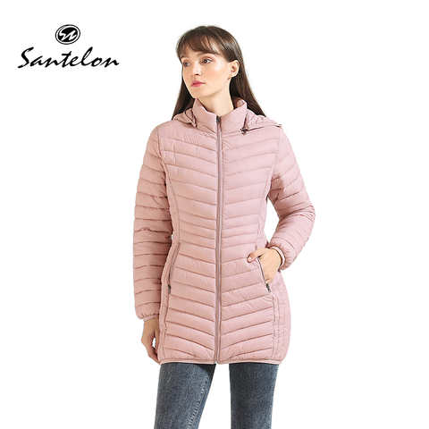 Женская зимняя куртка-пуховик SANTELON с подкладкой, Легкая длинная парка со съемным капюшоном, теплая верхняя одежда 1005002613048195