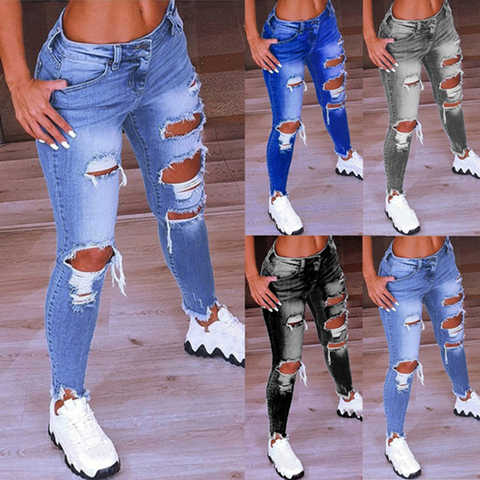 Светильник-голубые рваные джинсы для женщин 2021 пикантные потертые брюки с низкой посадкой в уличном стиле Стрейчевые облегающие джинсовые брюки-карандаш с дырками 1005002629310750