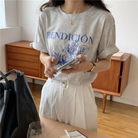 Корейский Стиль Повседневный винтажный серый с буквенным принтом свободный простой короткий рукав женский топ 2021 летние новые футболки 1005002641086119