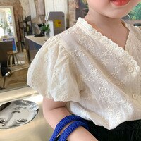 Летняя рубашка для девочек, детские футболки с кружевным воротником, детские топы с пышными рукавами, Корейская Блузка для девочек, 2021 1005002647110350