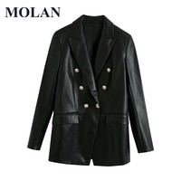 Женский кожаный блейзер MOLAN, свободная модная двубортная куртка из искусственной кожи, винтажный топ из искусственной кожи с длинным рукавом, Женский шикарный пиджак 1005002656228848