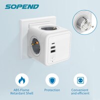 Sopend Блок питания ЕС Тройник розетка 220 розетка с Usb 5V 3.1A 15W с переключателем USB-C Powercube Вор электрический Plug Smart Настенный адаптер на 4 розетки 1005002669271599