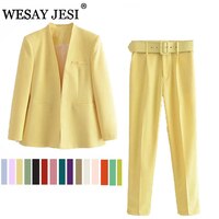 Женский офисный костюм WESAY JESI, модный Блейзер и брюки, простой однотонный костюм с воротником и длинным рукавом + брюки, комплект из 2 предметов, блейзер 1005002688488604