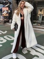 Зимнее длинное белое оверсайз пушистое теплое женское пальто из искусственного меха  с капюшоном с отворотом с поясом   Свободная корейская мода 2021: верхняя одежда шуба из искусственного  экошуба женская 1005002702592243