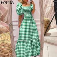 Летнее платье для вечеринок, женское зеленое платье 2022 VONDA, винтажные платья макси с коротким рукавом и квадратным вырезом в клетку, праздничные платья 1005002732819897