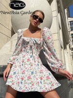 Женское платье с цветочным принтом NewAsia Garden, Летнее мини-платье с длинными рукавами-фонариками, трапециевидной формы, с квадратным вырезом и завязками, соблазнительное пляжное платье 1005002776496150