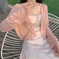 Женская трикотажная короткая кофта, розовая облегающая кофта с V-образным вырезом и длинным рукавом, милый однотонный кардиган для девушек, модель 2021 на лето 1005002780503409