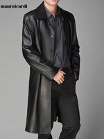 Mauroicardi осенний длинный черный плащ из искусственной кожи для женщин с длинным рукавом однобортный роскошный британский стиль мода 2021 кожаное пальто мужское длинное больших размеров xxl 2xl 3xl 4xl 5xl 1005002802019443