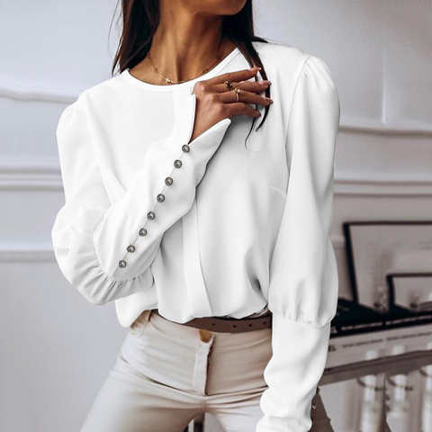 Элегантная женская офисная блузка ZANZEA, модная рубашка с длинными рукавами-фонариками, повседневная однотонная туника с круглым вырезом, топы, женские праздвечерние блузы, рубашка 1005002805430745