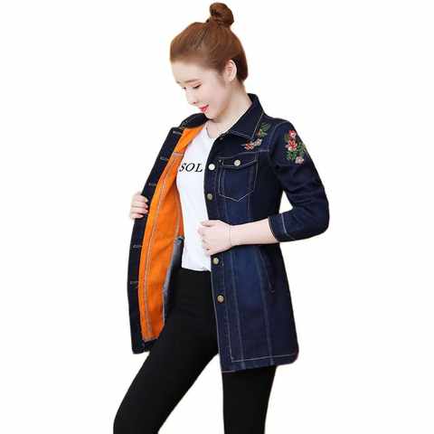 Женская джинсовая куртка с вышивкой, однобортный облегающий бархатный однобортный жакет с цветочной вышивкой, новый стиль, для зимы 1005002812920454