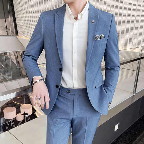 (Пиджак + брюки) Модные мужские однотонные костюмы для отдыха Серые Синие черные облегающие мужские деловые костюмы для банкетов размеры 3XL 4XL 1005002824511714