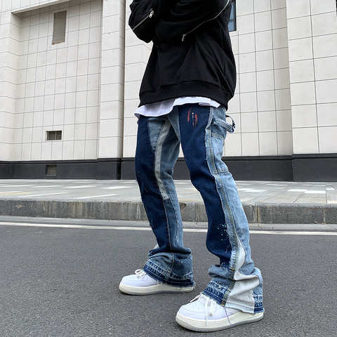 Джинсы-клеш мужские состаренные, винтажные расклешенные брюки из денима с эффектом брызг чернил, уличная одежда в стиле пэчворк, хип-хоп, граффити, тяжелая стирка, синие 1005002831277447