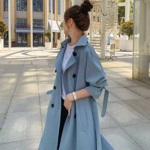 Тренчкот женский двубортный с поясом, модное длинное пальто бежевого и синего цвета, свободная верхняя одежда в Корейском стиле, весна-осень 2021 1005002833269276