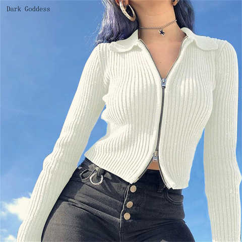 Женский весенне-осенний черный свитер в рубчик на молнии, короткий топ, Кардиган с длинным рукавом, пальто с лацканами, пуловер, тонкий вязаный пуловер, 2021 1005002843831528