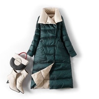 Женская двухбортная длинная куртка FMFSSOM на 90% белом утином пуху, модная черно-зеленая верхняя одежда, теплая парка с лацканами 1005002857246620