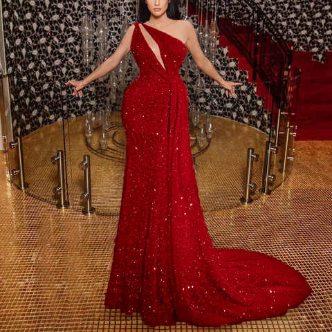 Женское облегающее вечернее платье с блестками, Красное ажурное коктейльное платье на одно плечо, модель 2022 года 1005002870601592