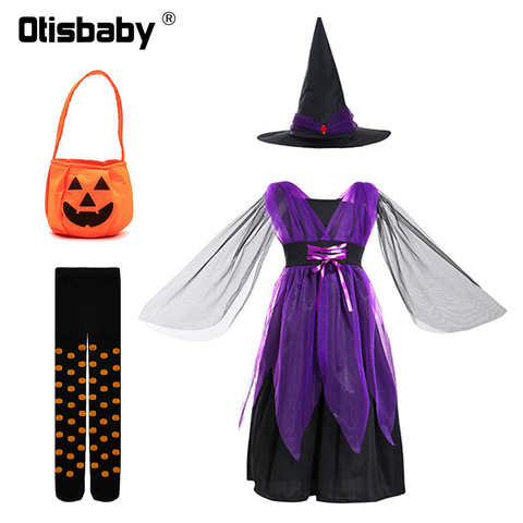 2021 карнавальный детский фиолетовый костюм ведьмы на Хэллоуин платье вампира для девочек платье для ролевых игр головной убор с тыквой мешок для конфет 1005002891973505