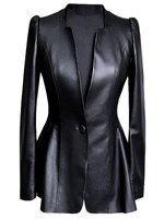 Lautaro Осенняя черная тонкая женская куртка из мягкой искусственной кожи с глубоким v-образным вырезом и длинным рукавами-фонариками Элегантный роскошный весенняя кожаный пиджак с юбкой 1005002896710107