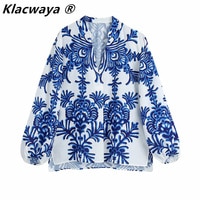 Klacwaya Женская 2021 винтажная синяя блузка с цветочным принтом, Офисная Женская деловая Повседневная рубашка, шикарные свободные блузы, топы 1005002898415795