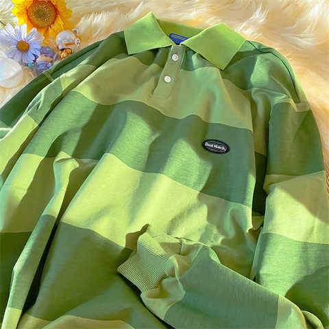 Винтажные зеленые полосатые рубашки-поло, свитшот, женские топы в стиле Харадзюку, хип-хоп, с длинным рукавом, повседневная одежда для подростков, японская мода 2021 1005002900804721