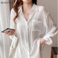 Белая женская рубашка со складками, однотонная летняя тонкая универсальная простая длинная рубашка, мягкая Солнцезащитная Повседневная нежная Дизайнерская Женская сорочка 1005002903345776