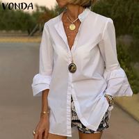 Белая рубашка, Женские однотонные рубашки с расклешенными рукавами, весенние топы 2022 VONDA, сексуальные офисные рубашки с V-образным вырезом и пуговицами, женские блузы 1005002922418811