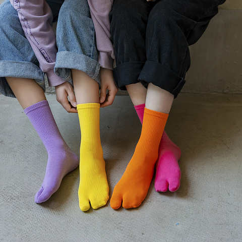 Хлопковые носки, неоновые флуоресцентные носки для ног, носки-лодочки средней длины, однотонные носки с двумя пальцами, женские удобные носки 1005002927537322