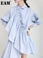 [EAM] женское асимметричное платье-рубашка с синими оборками, новинка, с отворотом, рукав три четверти, свободное, модное, весна-лето 2023 1DE0811 1005002937861568