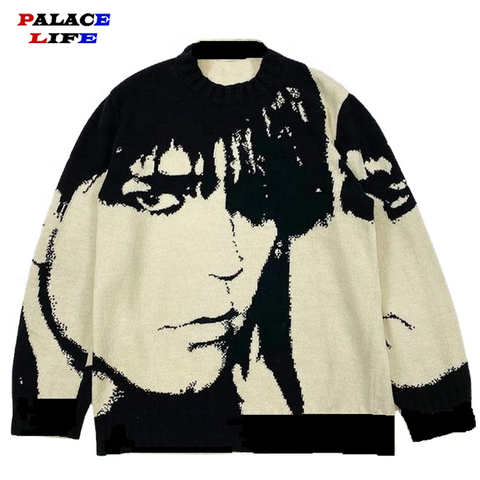 Мужская Уличная одежда, винтажный трикотажный свитер в стиле ретро и японского аниме с портретным принтом, осень 2021, хлопковый пуловер 1005002963854066