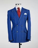 Мужские костюмы в синюю полоску, двубортный Свадебный блейзер для жениха, брюки, Официальный пиджак для выпусквечерние вечера (пиджак + брюки) 1005002964707973