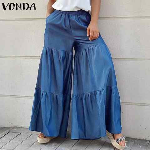 Повседневные женские брюки из джинсовой ткани с широкими штанинами 2022 VONDA винтажные однотонные плиссированные брюки с эластичным поясом и карманами женские длинные брюки 1005002966291263