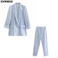 Брюки или Блейзер женские с завышенной талией, винтажный Повседневный свободный пиджак из смеси льна в синюю полоску, офисный 1005002974028492