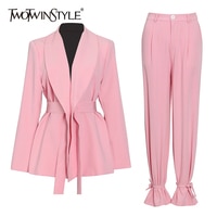 TWOTWINSTYLE/Повседневные розовые брючные костюмы, женский Зауженный блейзер в Корейском стиле с длинным рукавом, широкие брюки с высокой талией, женский костюм 2022 1005002984173816