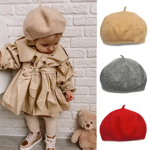 Осенне-зимний шерстяной берет для маленьких девочек, однотонный милый детский берет, шапка, детские шапки художника в британском стиле 1005002985539201