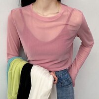Сексуальная Женская футболка Ruoru, прозрачные сетчатые топы, женская футболка с длинным рукавом, розовый зеленый топ, базовые Топы для женщин 1005002987168858