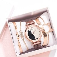 Комплект модных наручных часов для женщин, кварцевые роскошные повседневные дамские часы с сетчатым браслетом и кошачьим циферблатом, 5 шт. 1005003016154075