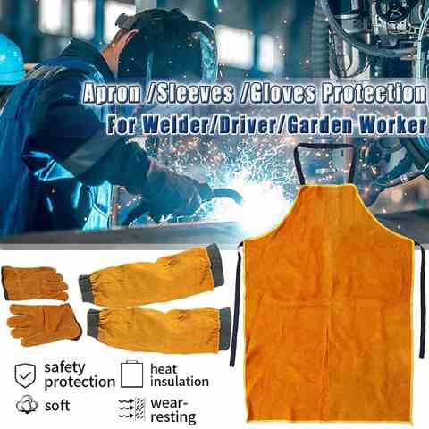 Сварочный фартук, защитный комплект для сварки, мужской, женский, мужской, кожаный защитный, рабочий, желтый, термостойкий фартук, перчатки 1005003021775366