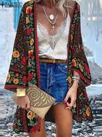 Женский пляжный кардиган ZANZEA, летняя блузка с цветочным принтом, кимоно, винтажная открытая спереди, туника с длинными рукавами, топы, праздничная рубашка 1005003022245518