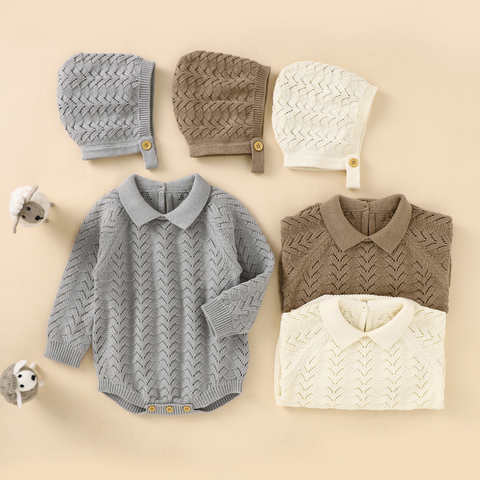 Осень/Зима 2021, вязаный свитер с отворотом для новорожденных, комбинезон с длинным рукавом + шапка, комплект из двух предметов, детская зимняя одежда 1005003037412980