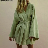 Платье-кимоно женское из хлопка и льна, с V-образным вырезом и длинным рукавом 1005003047281811