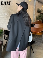 [EAM] женский черный блейзер с разрезом сзади, большой размер, новая свободная куртка с отворотом и длинным рукавом, модная демисезонная 2022 1DE1412 1005003051062357