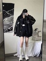 Новинка 2023, демисезонное пальто, женская куртка-бомбер в Корейском стиле Харадзюку, кожаная куртка, чистая Черная Женская куртка, ткань 1005003065167827